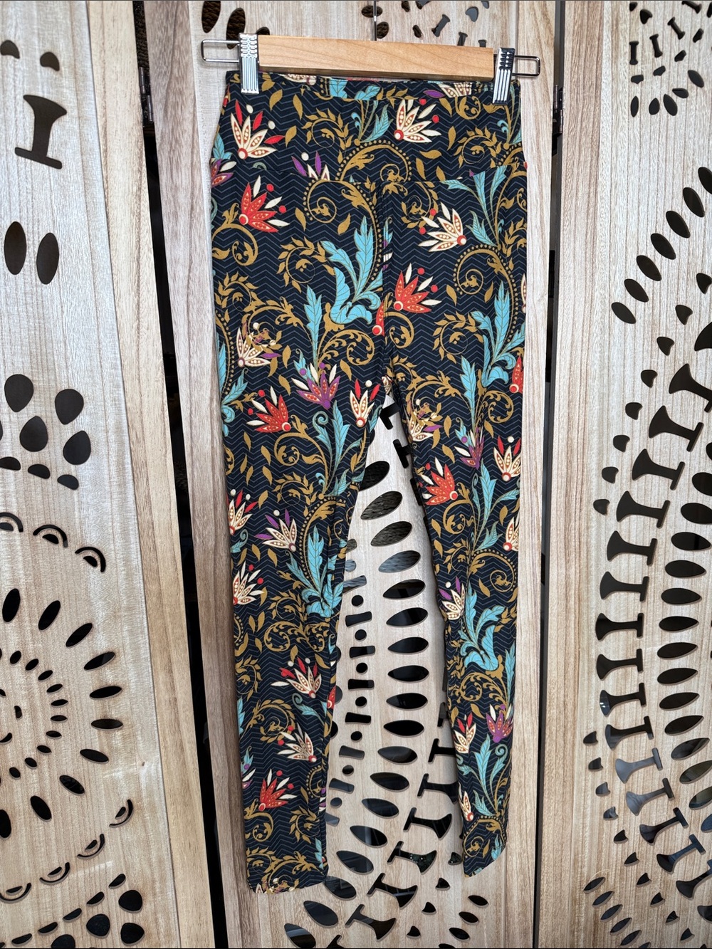 LuLaRoe Black Floral Scroll Leggings with Teal, Red & Gold Accents